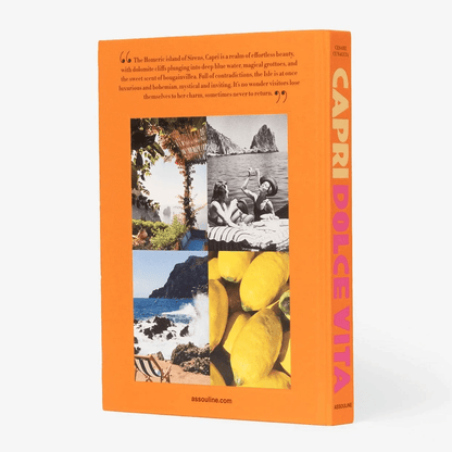 Orange linen hardcover book, "Capri Dolce Vita," with island photos and text on the back cover.