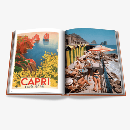 Open "Capri Dolce Vita" book with vintage travel poster and beach scene photos. Brown linen hardcover.