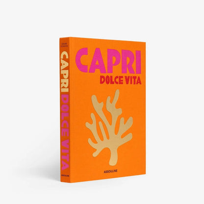 Capri Dolce Vita book, orange linen hardcover with pink text and gold coral design.