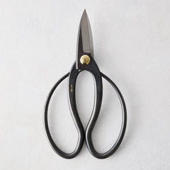 Carbon steel garden shears with dark, curved handles and a brass pivot.