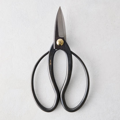 Carbon steel garden shears with dark, curved handles and a brass pivot.