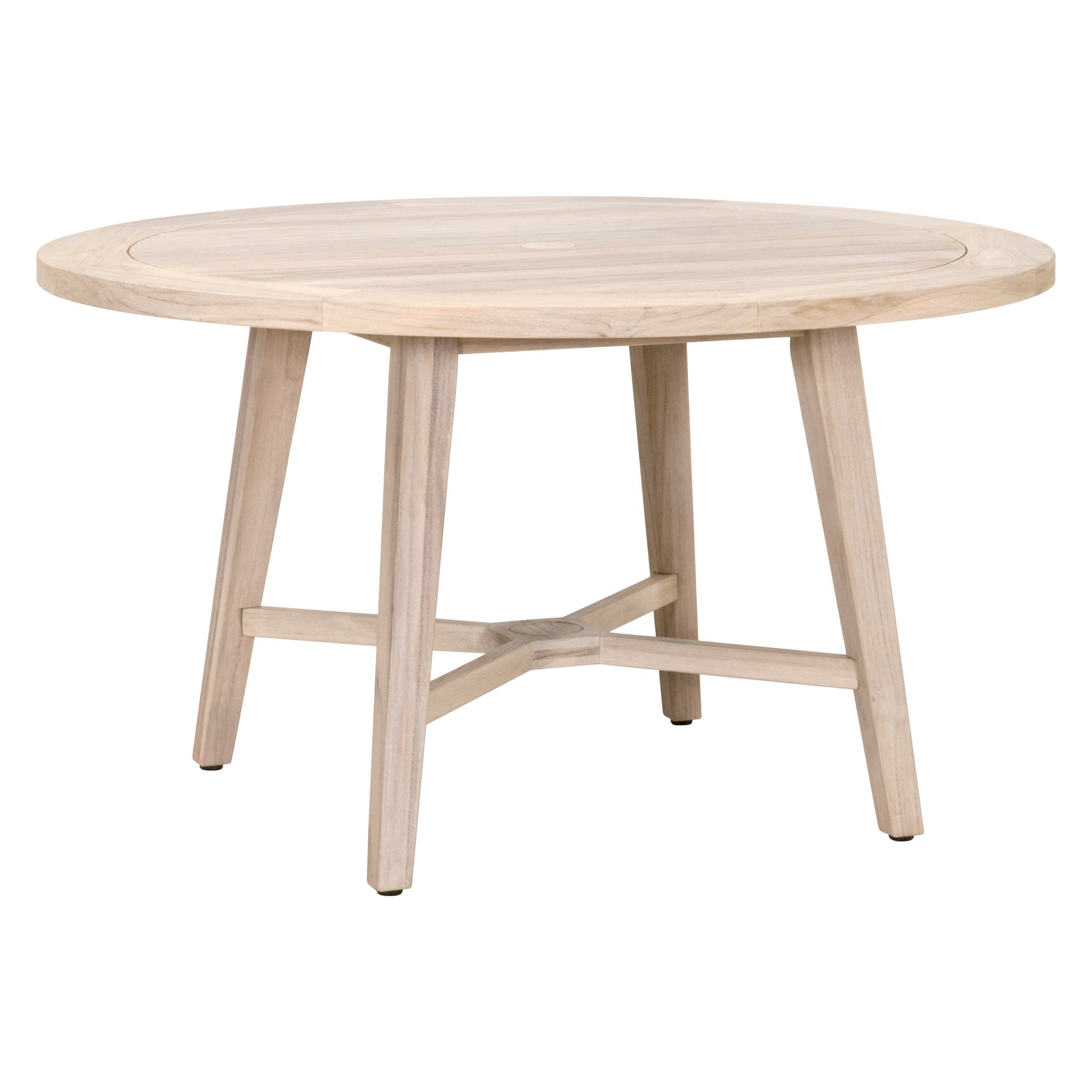 Carmel Outdoor Round Dining Table, solid teak wood, natural silver tone, with umbrella hole.