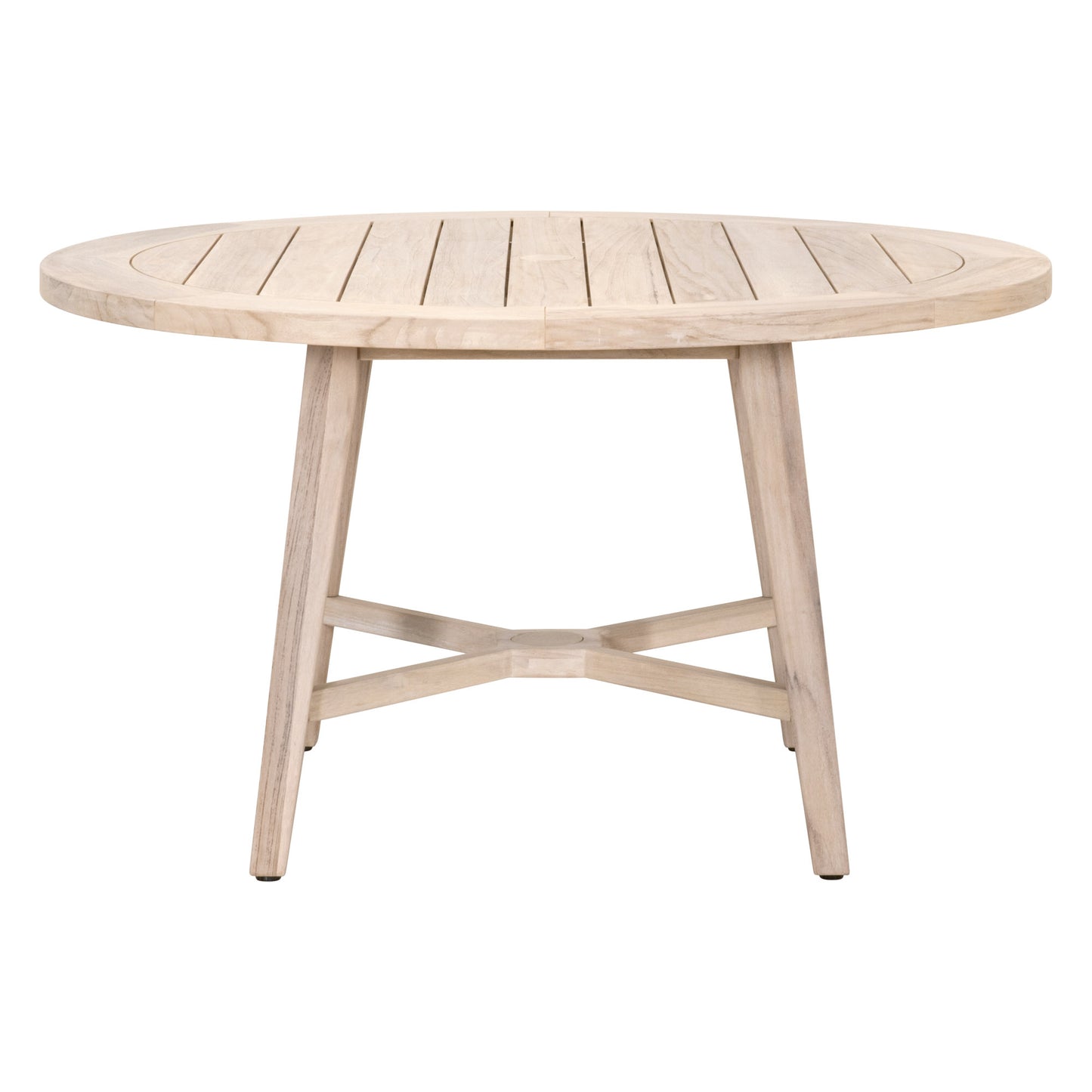 Carmel Outdoor Round Dining Table, solid teak wood, natural silver tone, slatted top, cross-base legs.