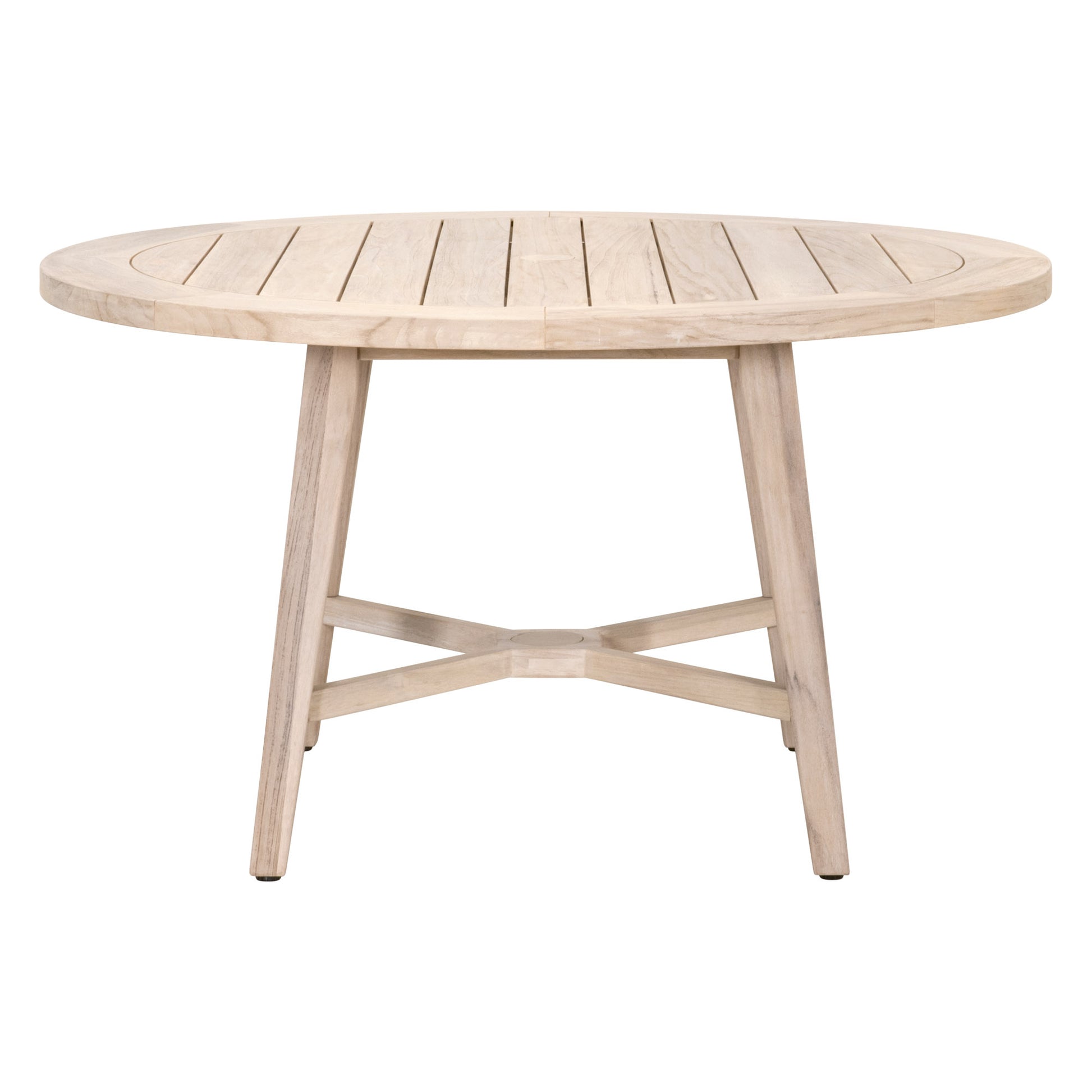 Carmel Outdoor Round Dining Table, solid teak wood, natural silver tone, slatted top, cross-base legs.