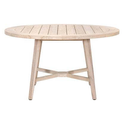 Carmel Outdoor Round Dining Table, solid teak wood, natural silver tone, slatted top, cross-base legs.