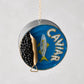 3-inch round caviar tin Christmas ornament made of glass and resin with hand-painted blue, gold, and black details.