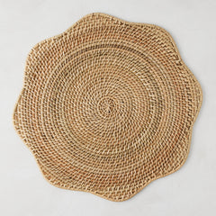 Cebu Scalloped Hapao Placemat, 16" round, natural honey-brown rattan with traditional weave.