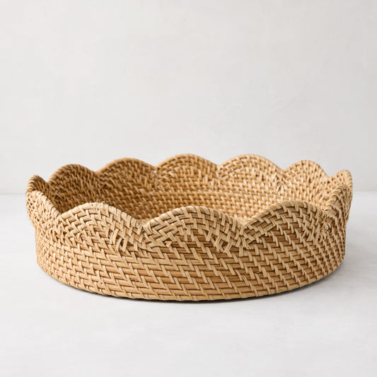 Cebu Scalloped Tray, 16"Dia, honey-brown hapao rattan, decorative curved edges.
