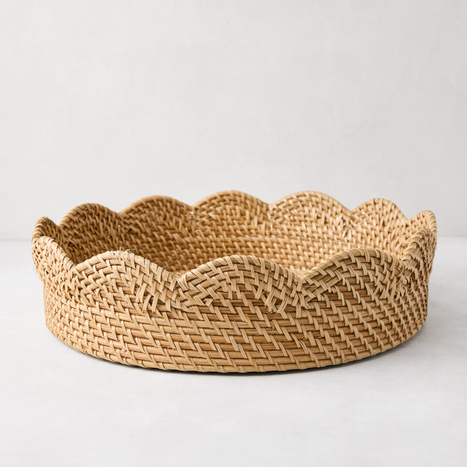 Cebu Scalloped Tray, 16"Dia, honey-brown hapao rattan, decorative curved edges.