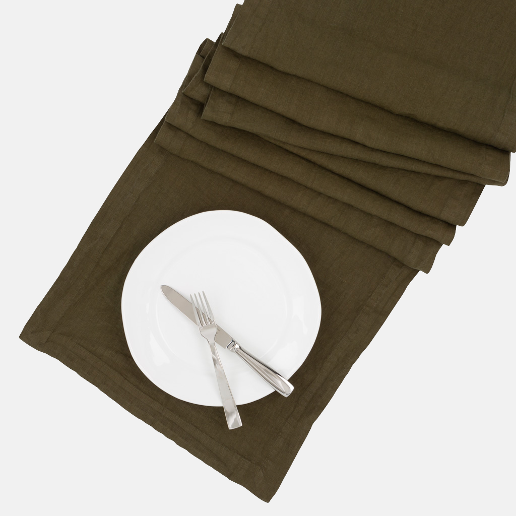Cedar HG Signature Hand-dyed Linen Table Runner, 18"x108", with white plate and silverware.