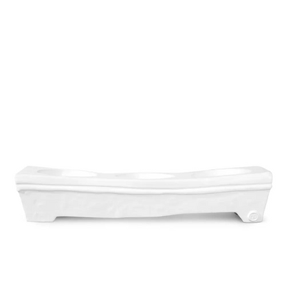 White ceramic appetizer platform, Montes Doggett 5373, 17.25"L, with three serving dips.
