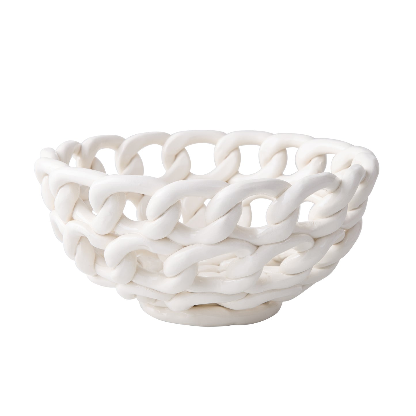 White ceramic woven bread serve bowl, 9.25"Dia x 4.25"H, with a chain-link design.