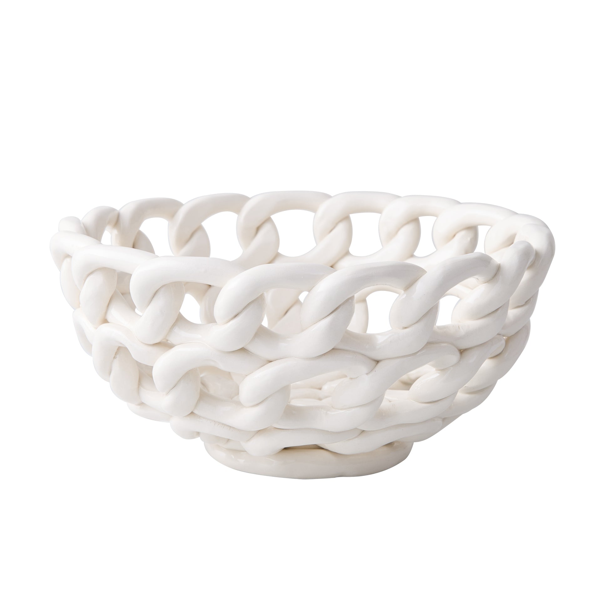White ceramic woven bread serve bowl, 9.25"Dia x 4.25"H, with a chain-link design.