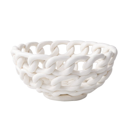 White ceramic woven bread serve bowl, 9.25"Dia x 4.25"H, with a chain-link design.
