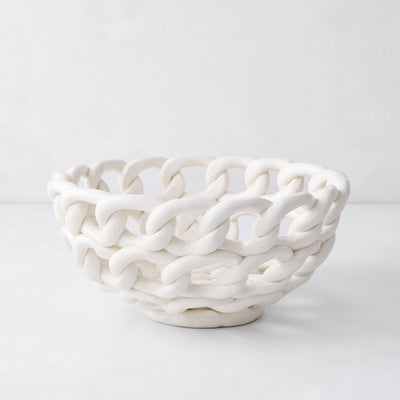 White ceramic woven bread serve bowl, 9.25"Dia x 4.25"H, handmade in Italy.