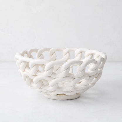White ceramic woven bread serve bowl, 9.25"Dia x 4.25"H, handmade in Italy.