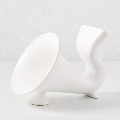 White ceramic kitchen speaker, 10"L x 7.25"W x 7.5"H, with a horn shape and phone slot.
