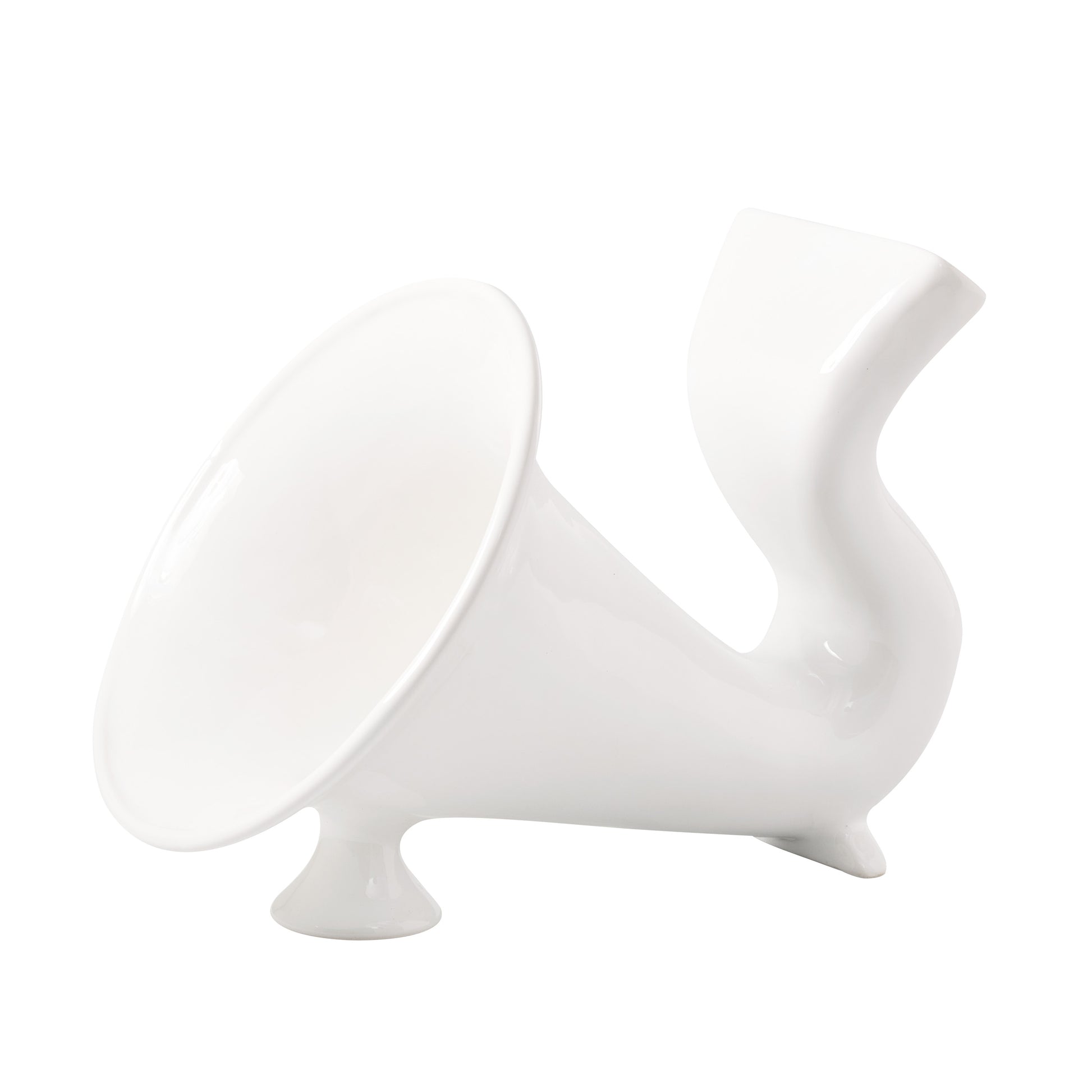 White ceramic kitchen speaker, 10"L x 7.25"W x 7.5"H, with a gramophone-style horn.