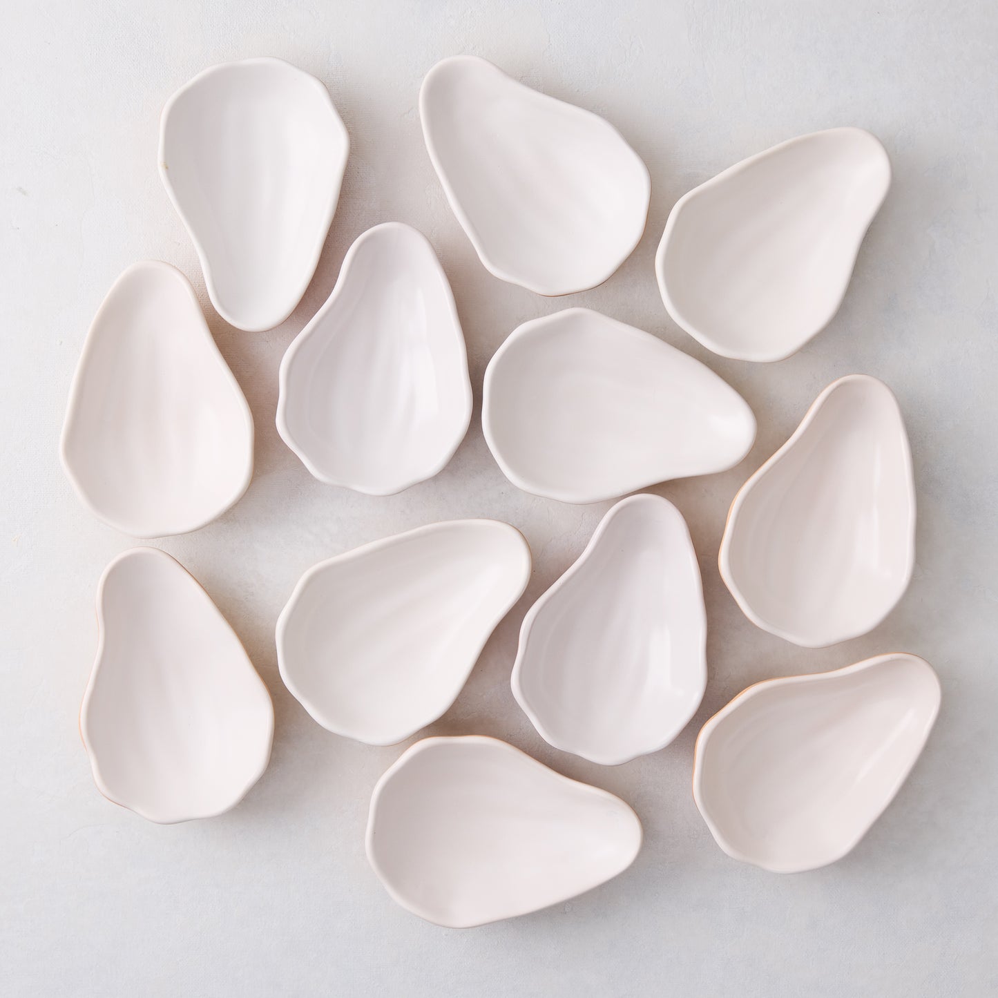 Set of 12 handmade ceramic oyster shells in a natural, light cream color, scattered on a white surface.