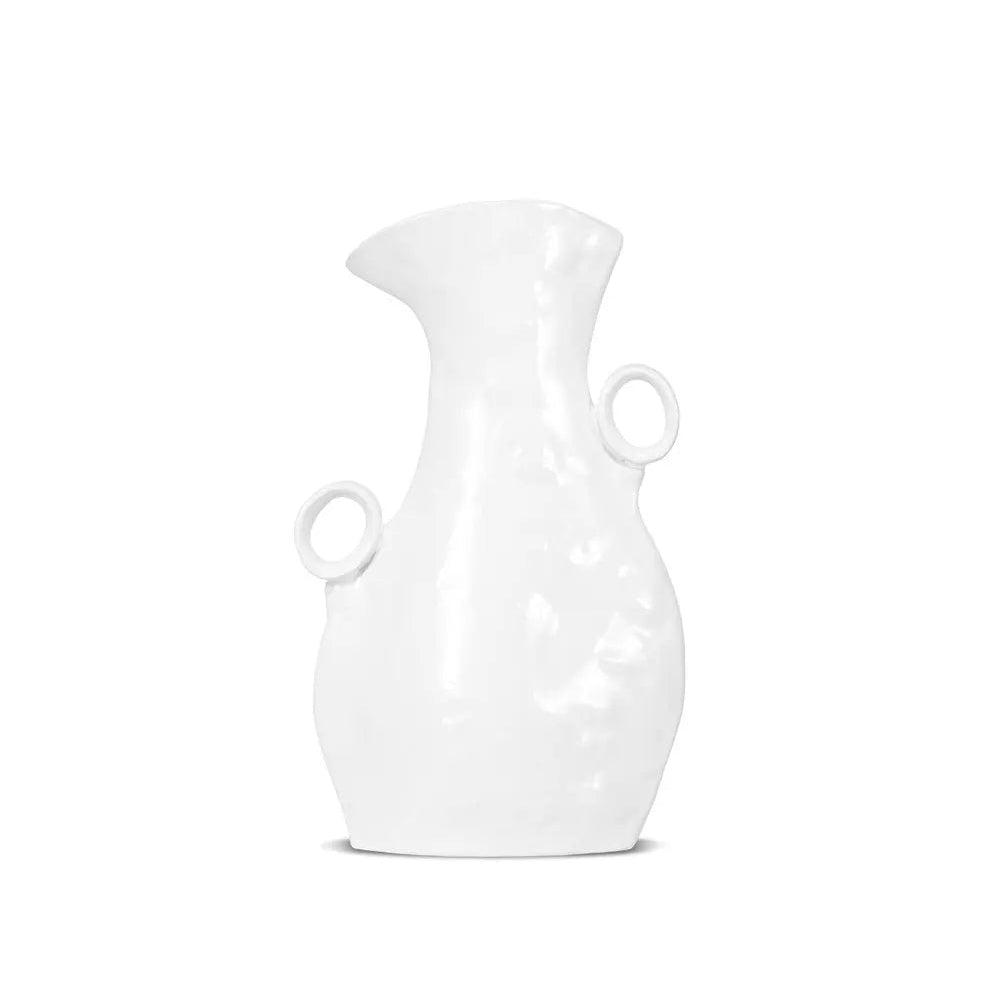 Handmade creamy white ceramic pitcher with two ring handles, 14"H x 7"W, by Montes Doggett.
