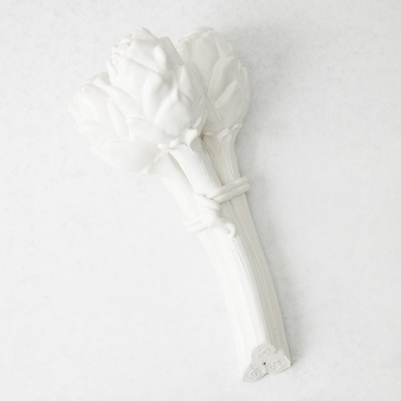 Handmade white ceramic Roman artichoke bunch with detailed stems, 12 inches long, on a white background.
