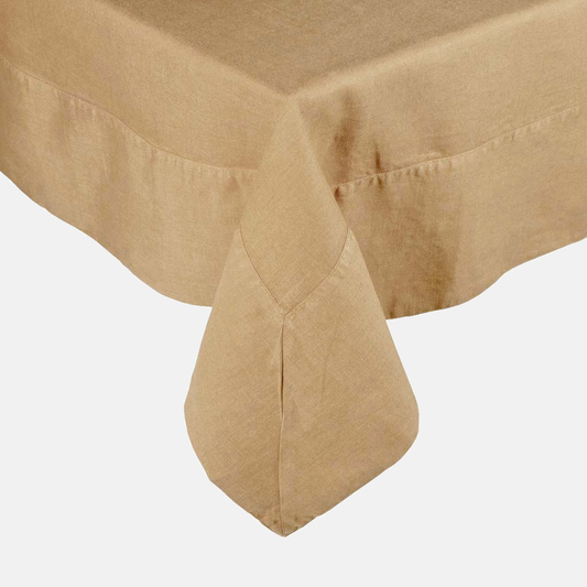 Chai HG Signature Hand-dyed Linen Tablecloth, 70"x108", with generous border and mitered corners.