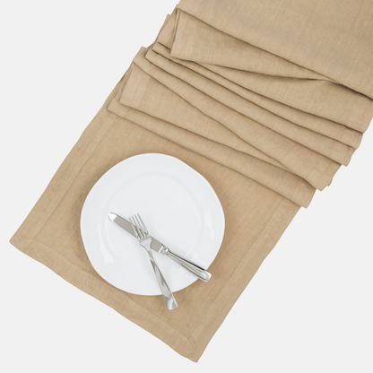 Chai HG Signature hand-dyed linen table runner, 18"x108", with white plate and silverware.