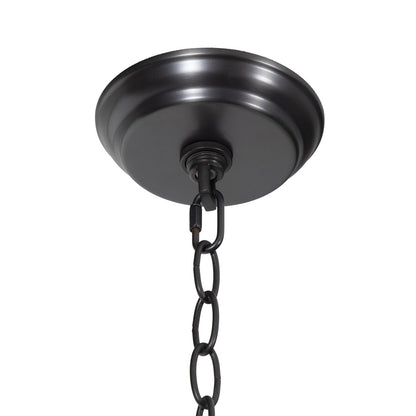 Champagna pendant light ceiling mount with black chainlink and dome-shaped rattan shade.
