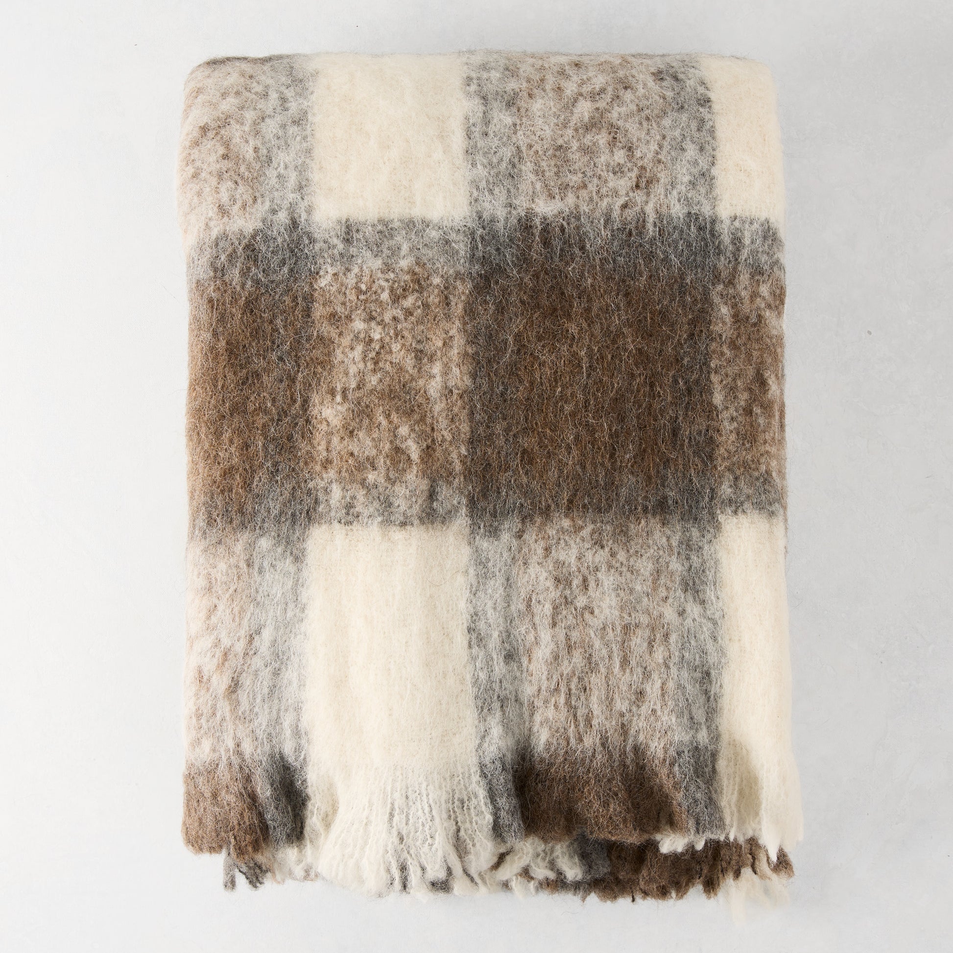 Chateau Cream and Brown Plaid Mohair Throw Blanket, 72"L x 51"W, with fringed edge.