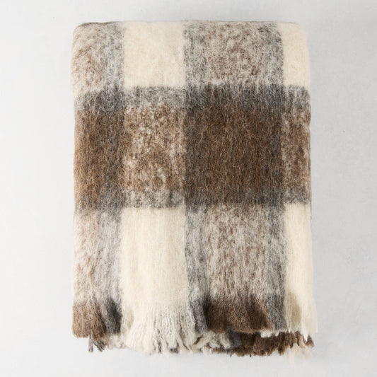 Chateau Cream and Brown Plaid Mohair Throw Blanket, 72"L x 51"W, with fringed edge.