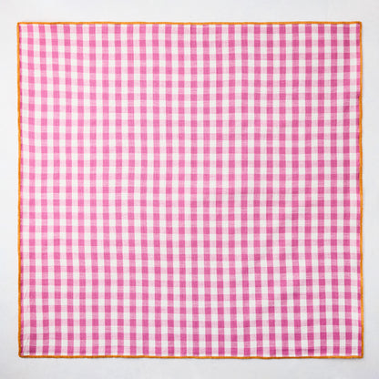 Chatham Pink Gingham Cotton Napkin with Orange Trim, 22" square.