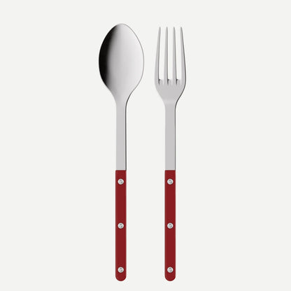 Red Bistro 2-piece serving set: 10.25" stainless steel spoon and fork with red acrylic handles.