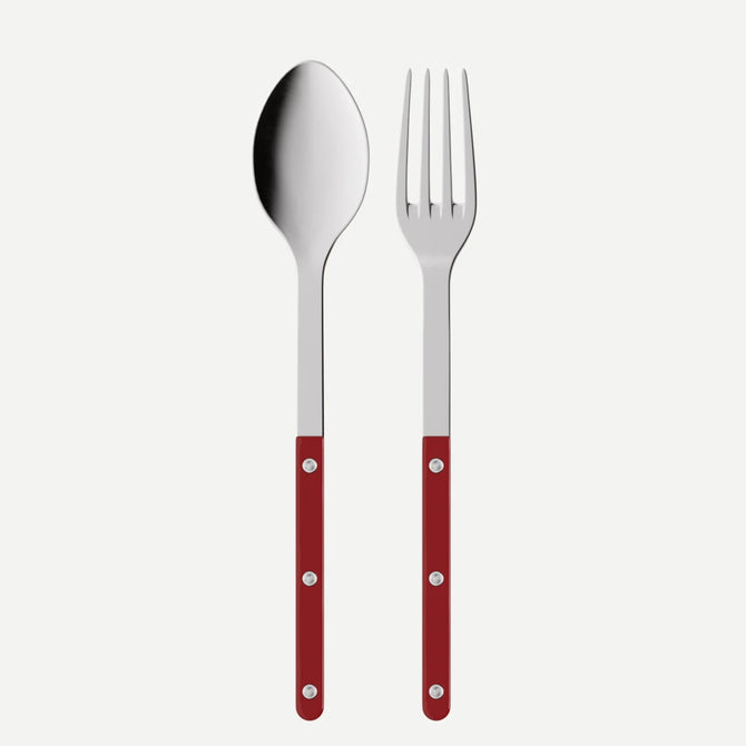 Red Bistro 2-piece serving set: 10.25" stainless steel spoon and fork with red acrylic handles.