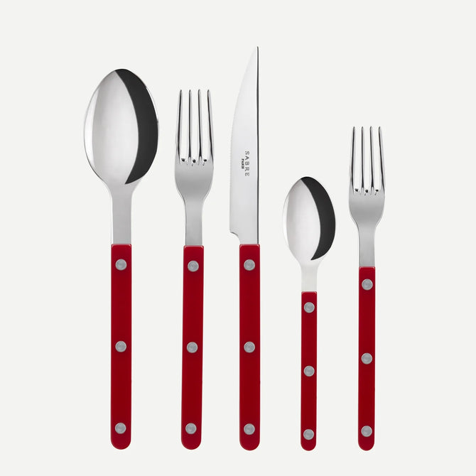 Cherry Red Bistro 5-piece flatware set with 18/10 stainless steel and acrylic handles.