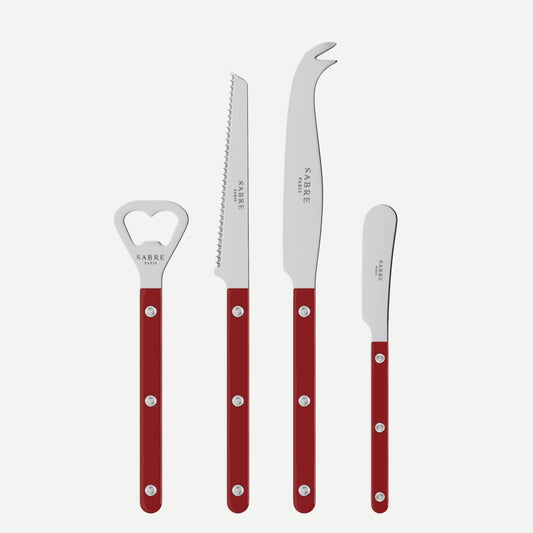 Red Bistro Aperitif Set: bottle opener, tomato knife, cheese knife, butter spreader with 18/10 stainless steel and acrylic handles.