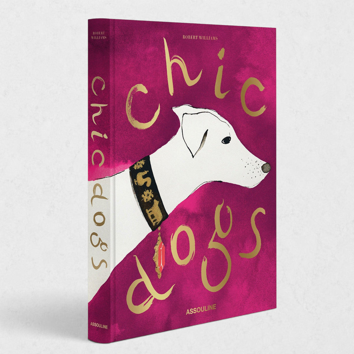 Chic Dogs hardcover coffee table book with a magenta cover, gold lettering, and a white dog illustration.