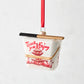 White glass Chinese take-out ornament with red "Thank you Enjoy" text, pagoda design, and black chopsticks.