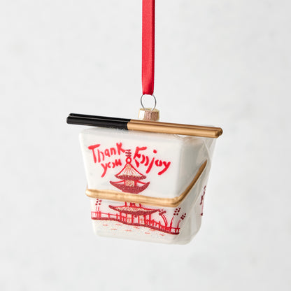 White glass Chinese take-out ornament with red "Thank you Enjoy" text, pagoda design, and black chopsticks.