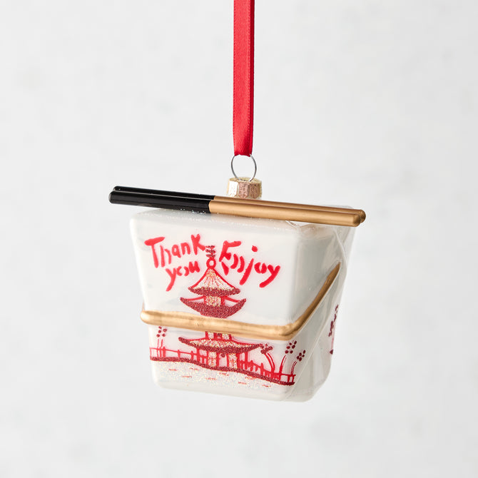White glass Chinese take-out ornament with red "Thank you Enjoy" text, pagoda design, and black chopsticks.