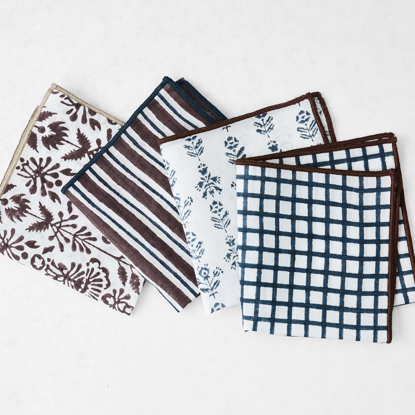 Chocolate and Navy Bistro Block Print Appetizer Cotton Napkins, Set of 4