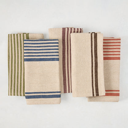 Five folded natural linen-cotton napkins with various colored stripes: green, blue, brown, and terracotta.