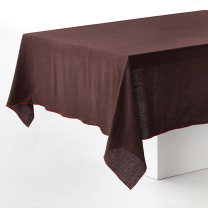 Chocolate Brown Embroidered Tipped Stitch Linen Tablecloth