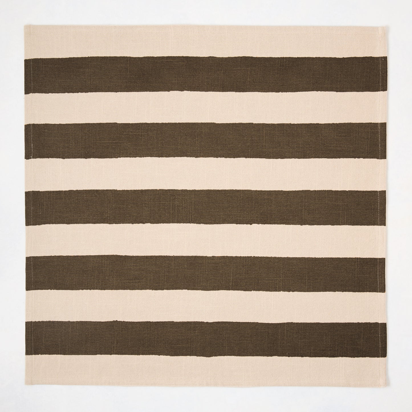 Chocolate Brown Hampton Stripe Natural Cotton Napkin, 22" square, with wide horizontal brown stripes on a khaki base.