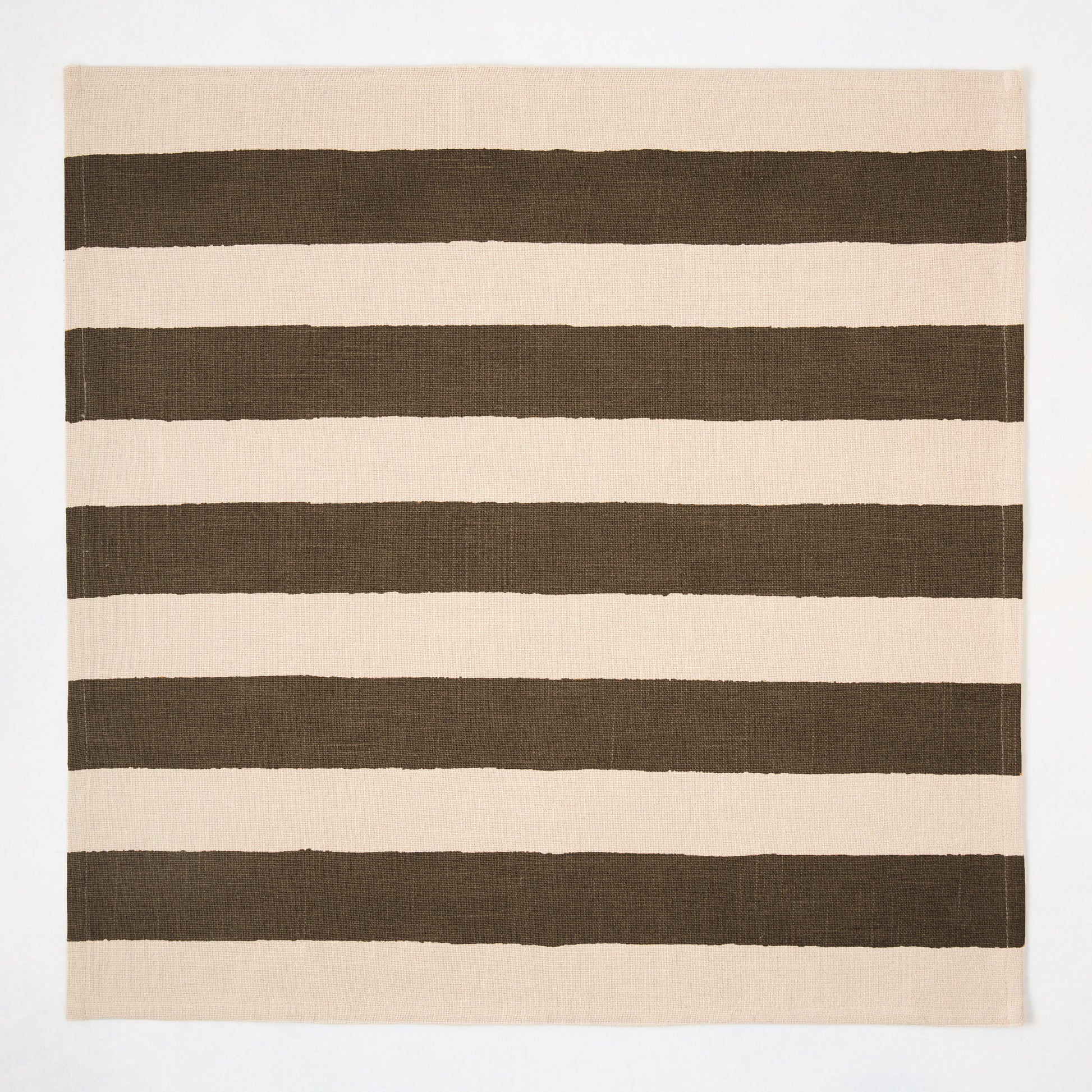 Chocolate Brown Hampton Stripe Natural Cotton Napkin, 22" square, with wide horizontal brown stripes on a khaki base.