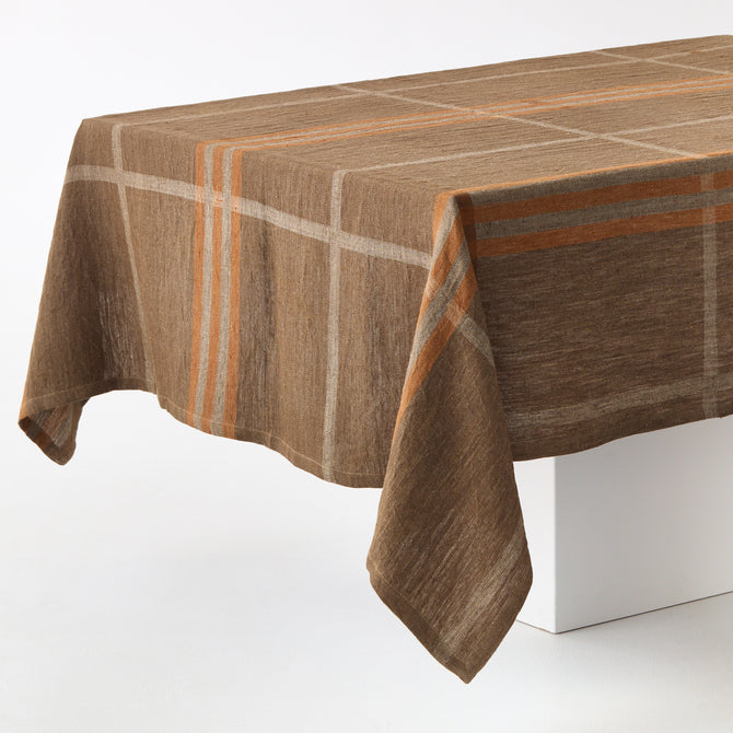 Chocolate Brown Marken Plaid Linen Tablecloth