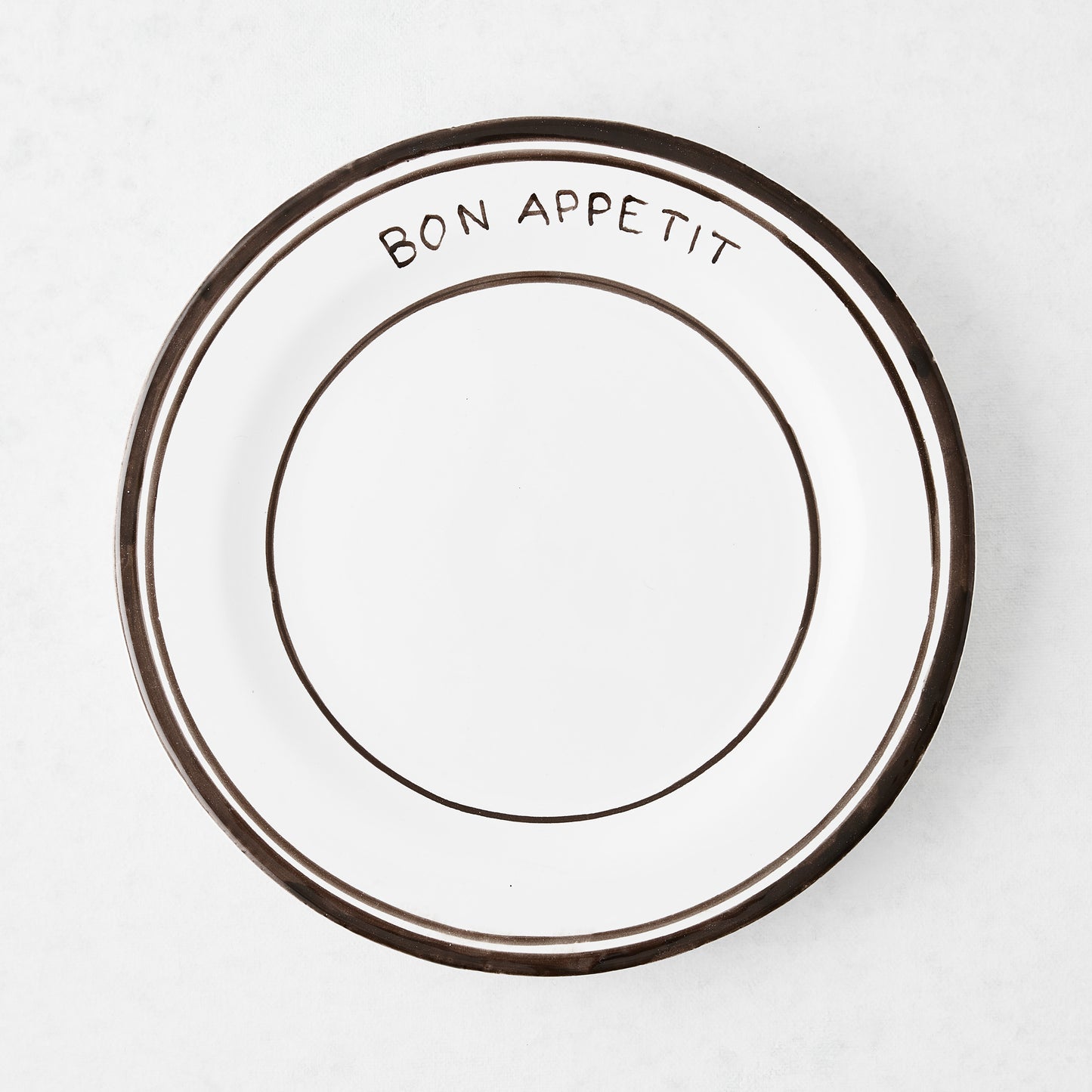 Chocolate brown ceramic "Bon Appetit" salad plate with three hand-painted lines, 7.8"Dia.