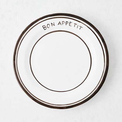 Chocolate brown ceramic "Bon Appetit" salad plate with three hand-painted lines, 7.8"Dia.