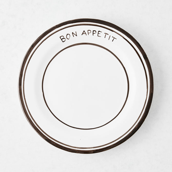 Chocolate brown ceramic "Bon Appetit" salad plate with three hand-painted lines, 7.8"Dia.