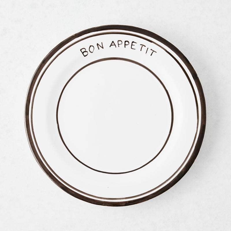Chocolate brown ceramic "Bon Appetit" salad plate with three hand-painted lines, 7.8"Dia.