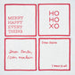Set of four 5.5-inch square white cotton coasters with red embroidered Christmas phrases and red stitched borders.